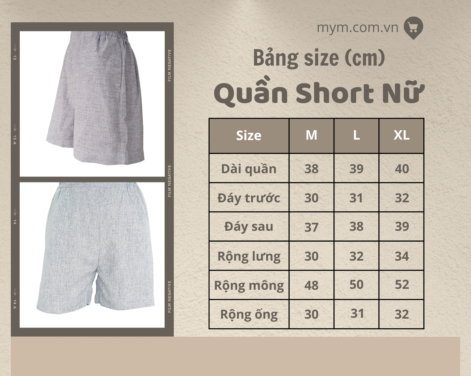 Bang size quan short nu