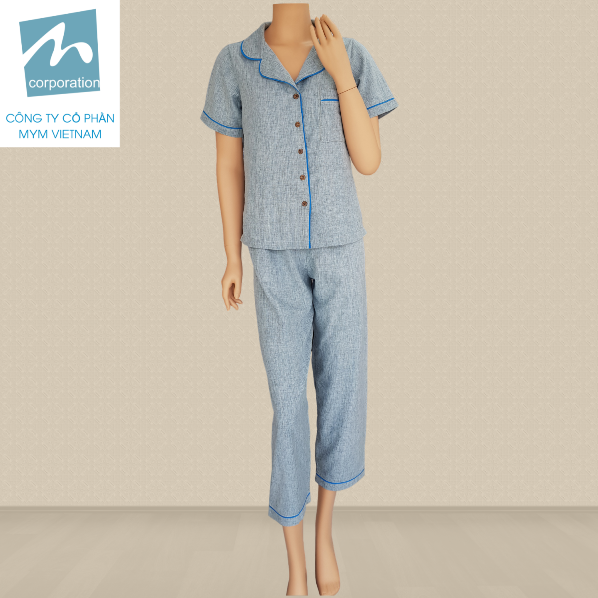 Bộ Pijama Lanh Poly Màu Xanh