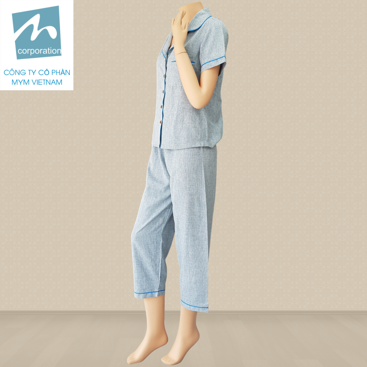 Bộ Pijama Lanh Poly Màu Xanh