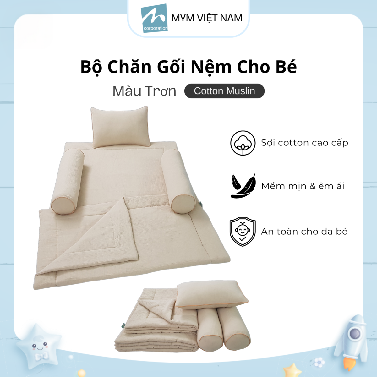 Bộ Chăn Gối Nệm Cho Bé Cotton Muslin Mẫu 2