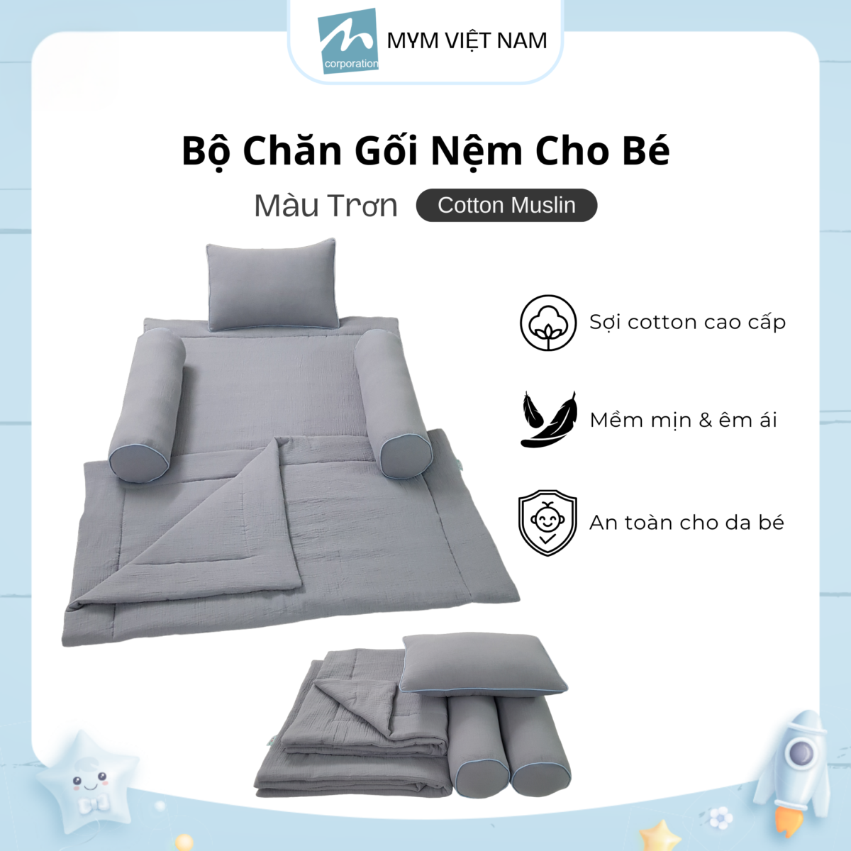 Bộ Chăn Gối Nệm Cho Bé Cotton Muslin Mẫu 3