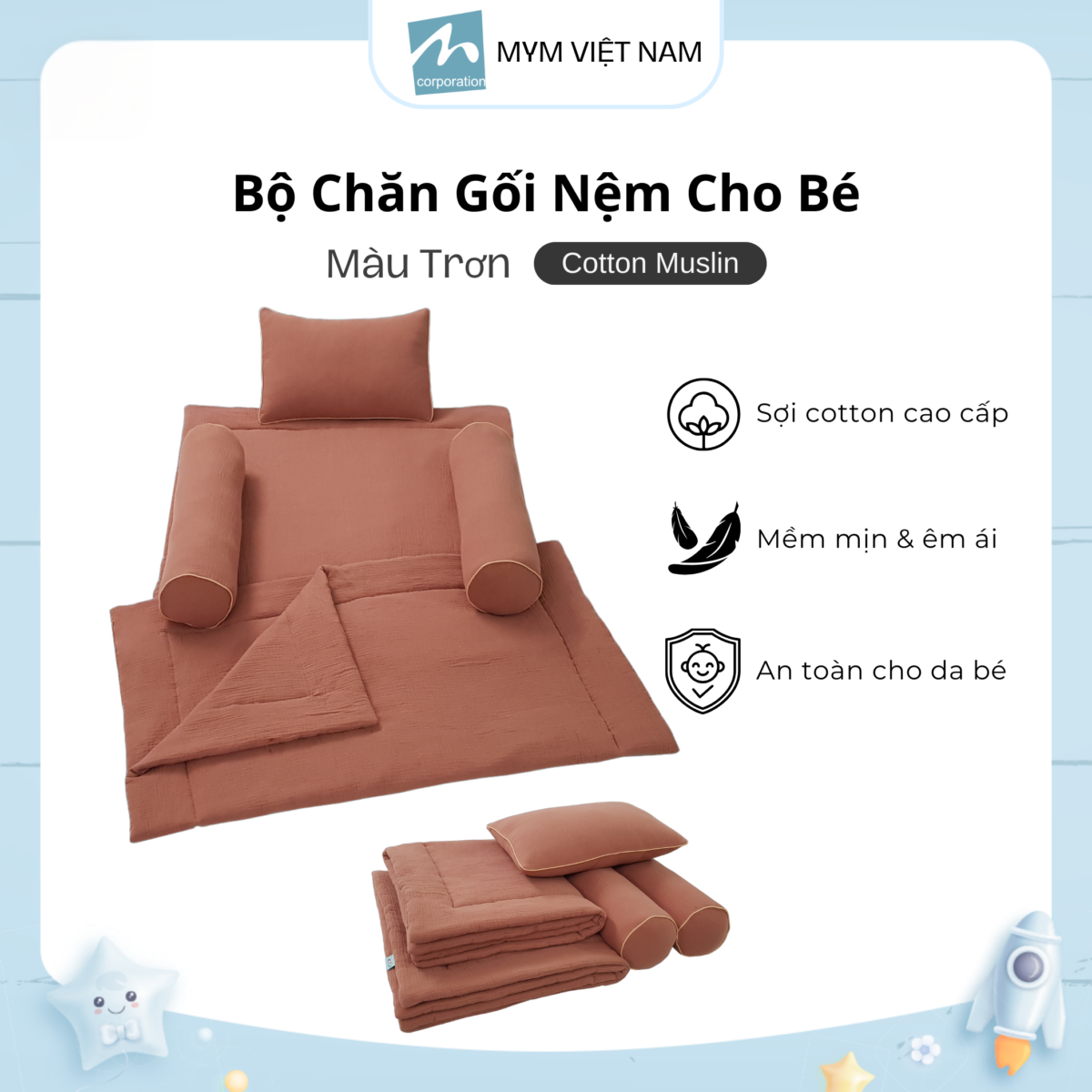 Bộ Chăn Gối Nệm Cho Bé Cotton Muslin Mẫu 4