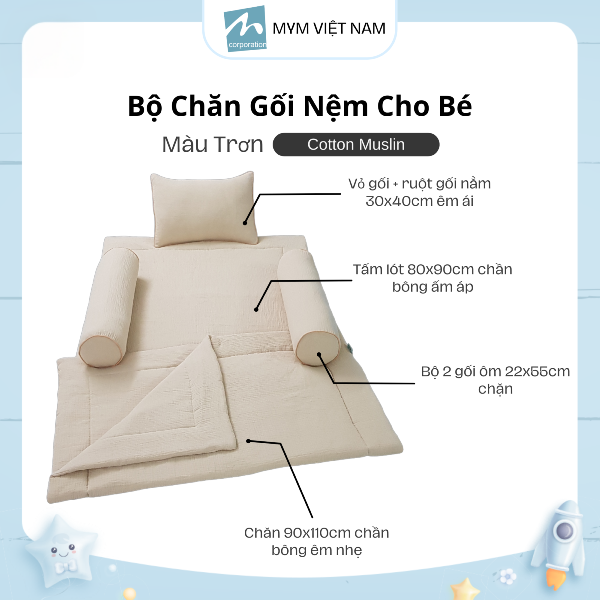 Bộ Chăn Gối Nệm Cho Bé Cotton Muslin